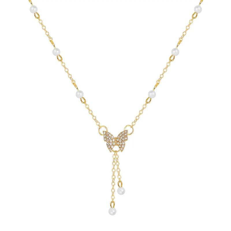 Gold Butterfly Pearl Choker Necklace
