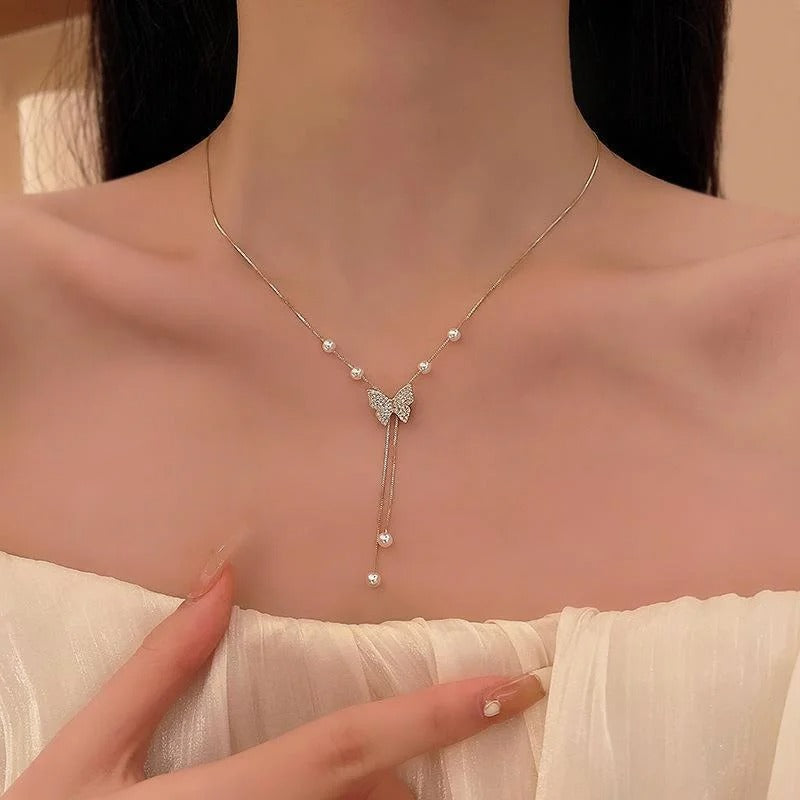 Gold Butterfly Pearl Choker Necklace